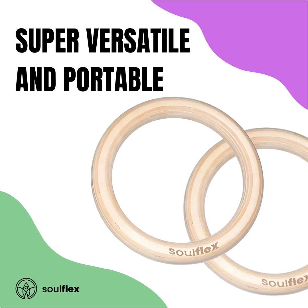 Soulflex Gymnastic Rings for bodyweight exercises, calisthenics fitness equipment for men, women, and children. Roman rings for home and gym workouts, featuring heavy-duty straps and premium wood for durability and performance.