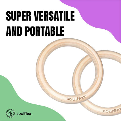 Soulflex Gymnastic Rings for bodyweight exercises, calisthenics fitness equipment for men, women, and children. Roman rings for home and gym workouts, featuring heavy-duty straps and premium wood for durability and performance.