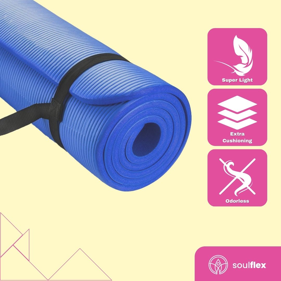 Soulflex NBR Yoga Mat for home and gym use, 10mm thickness, 6ft long, non-toxic yoga mat, non-slip exercise mat for men and women, natural, odor-free, eco-friendly, premium mat for yoga, pilates, exercise, and gymnastics.