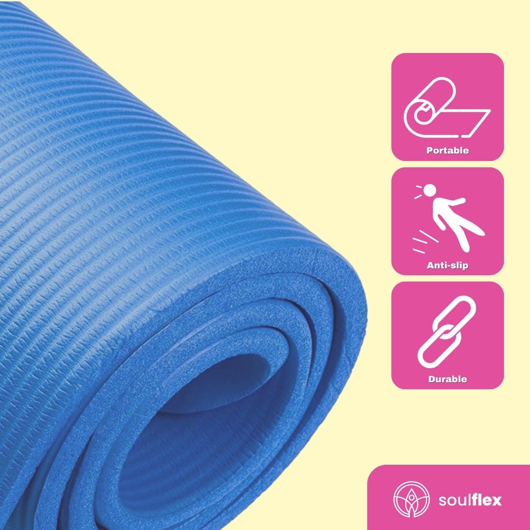 Soulflex NBR Yoga Mat for home and gym use, 10mm thickness, 6ft long, non-toxic yoga mat, non-slip exercise mat for men and women, natural, odor-free, eco-friendly, premium mat for yoga, pilates, exercise, and gymnastics.