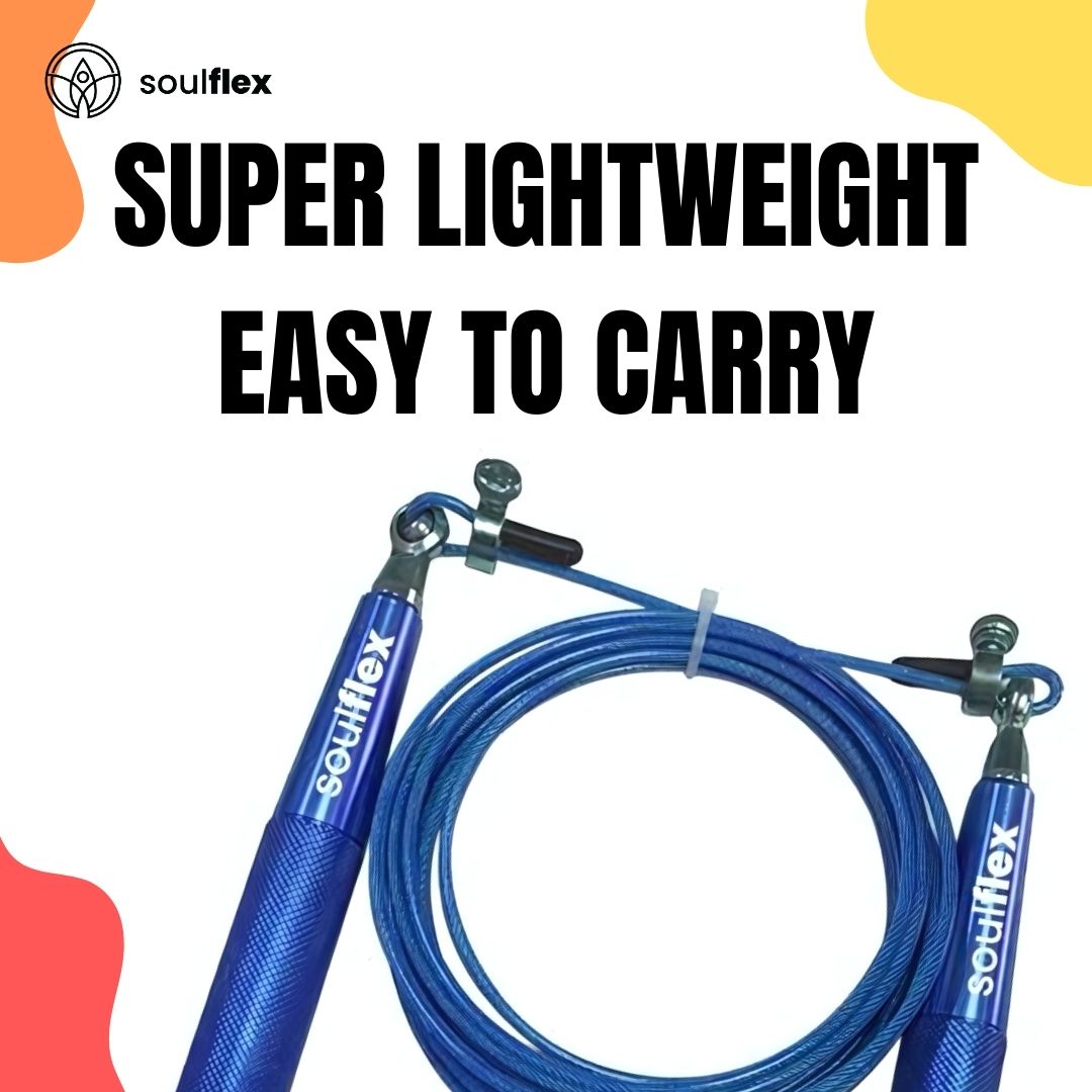 Soulflex Aluminium Speed Rope for men and women, featuring a premium adjustable-height design. Ideal skipping rope for weight loss, cardio, CrossFit, and fitness training. Lightweight with anti-slip handles and high-speed rotation for efficient workouts. Perfect for enhancing cardiovascular health and improving coordination.