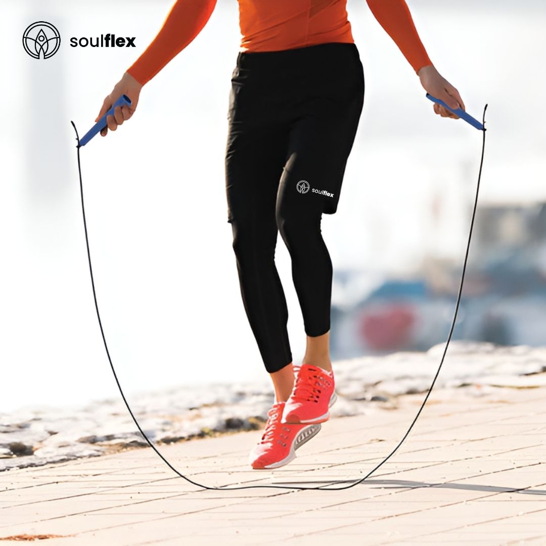 Soulflex Aluminium Speed Rope for men and women, featuring a premium adjustable-height design. Ideal skipping rope for weight loss, cardio, CrossFit, and fitness training. Lightweight with anti-slip handles and high-speed rotation for efficient workouts. Perfect for enhancing cardiovascular health and improving coordination.