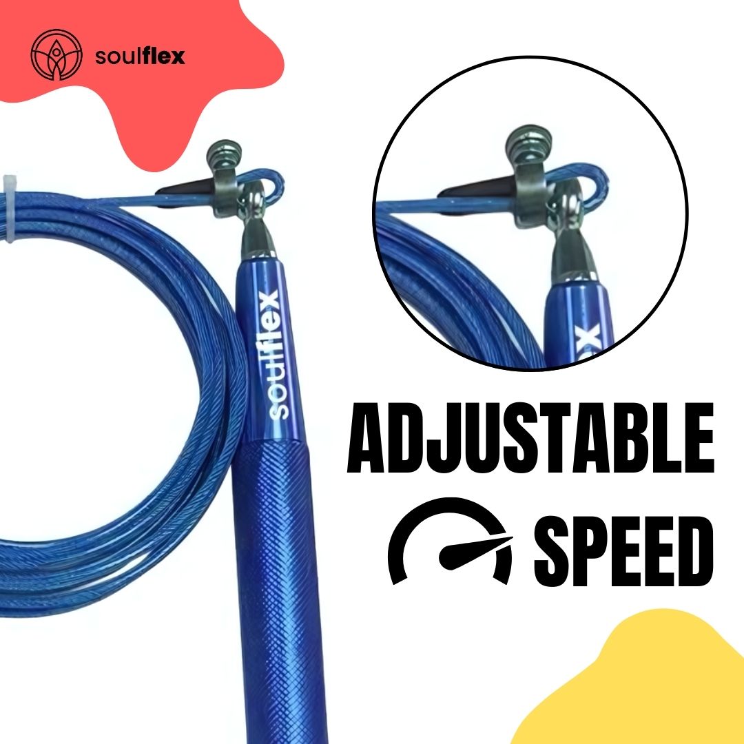 Soulflex Aluminium Speed Rope for men and women, featuring a premium adjustable-height design. Ideal skipping rope for weight loss, cardio, CrossFit, and fitness training. Lightweight with anti-slip handles and high-speed rotation for efficient workouts. Perfect for enhancing cardiovascular health and improving coordination.