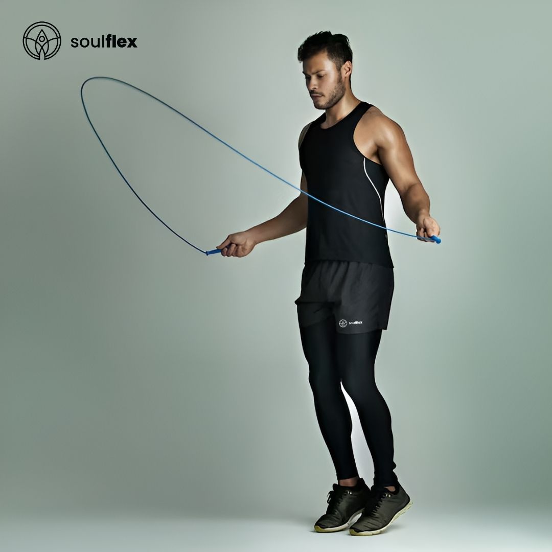 Soulflex Aluminium Speed Rope for men and women, featuring a premium adjustable-height design. Ideal skipping rope for weight loss, cardio, CrossFit, and fitness training. Lightweight with anti-slip handles and high-speed rotation for efficient workouts. Perfect for enhancing cardiovascular health and improving coordination.